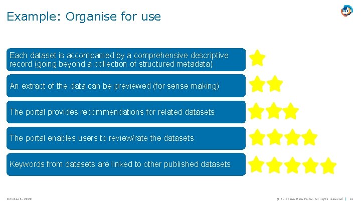 Example: Organise for use Each dataset is accompanied by a comprehensive descriptive record (going