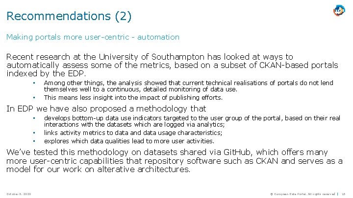 Recommendations (2) Making portals more user-centric - automation Recent research at the University of