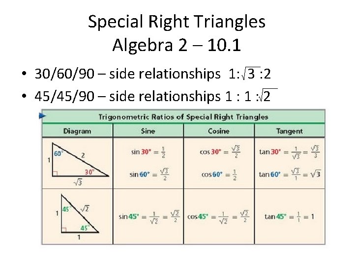 Special Right Triangles Algebra 2 – 10. 1 • 30/60/90 – side relationships 1: