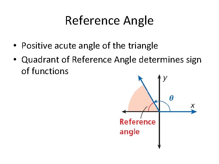 Reference Angle • Positive acute angle of the triangle • Quadrant of Reference Angle