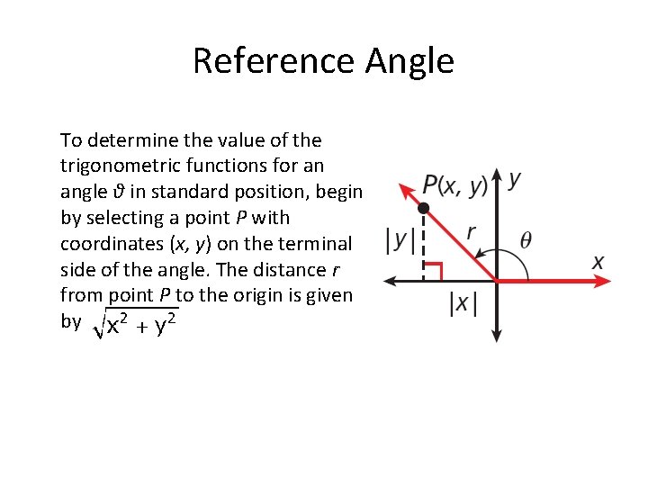 Reference Angle To determine the value of the trigonometric functions for an angle θ