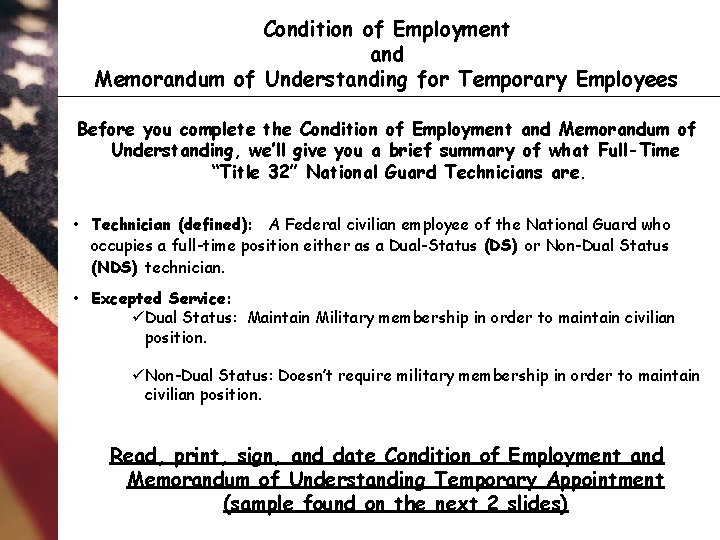 Condition of Employment and Memorandum of Understanding for Temporary Employees Before you complete the