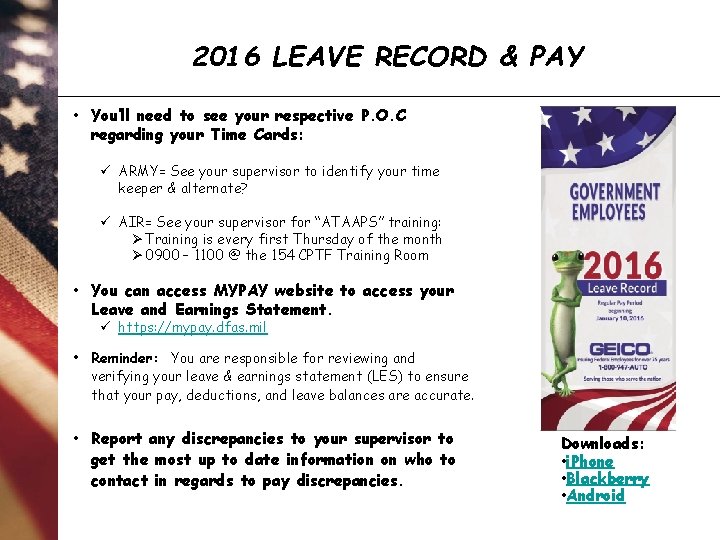 2016 LEAVE RECORD & PAY • You’ll need to see your respective P. O.