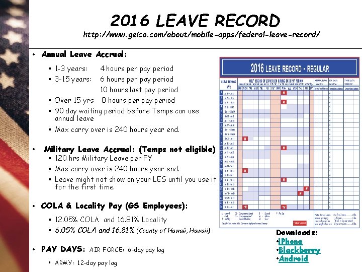2016 LEAVE RECORD http: //www. geico. com/about/mobile-apps/federal-leave-record/ • Annual Leave Accrual: § 1 -3