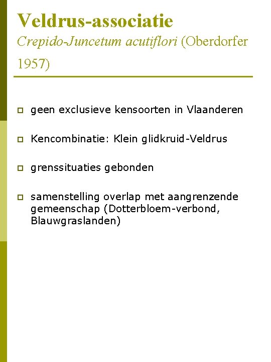Veldrus-associatie Crepido-Juncetum acutiflori (Oberdorfer 1957) p geen exclusieve kensoorten in Vlaanderen p Kencombinatie: Klein