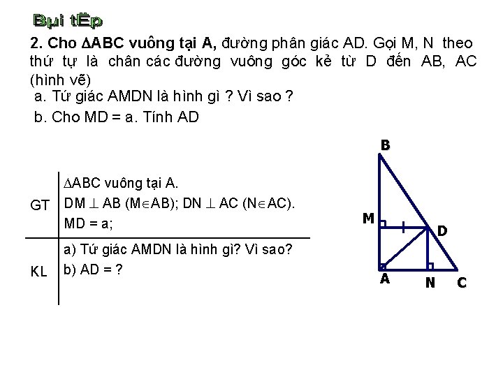 2. Cho ABC vuông tại A, đường phân giác AD. Gọi M, N theo