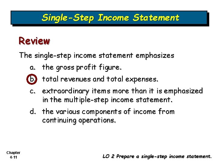 Single-Step Income Statement Review The single-step income statement emphasizes a. the gross profit figure.
