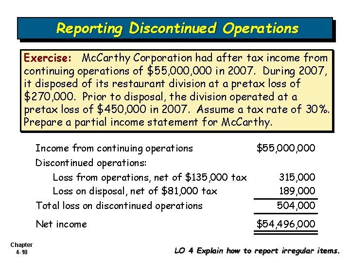 Reporting Discontinued Operations Exercise: Mc. Carthy Corporation had after tax income from continuing operations