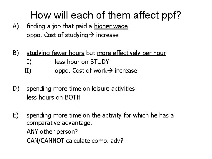 How will each of them affect ppf? A) B) finding a job that paid