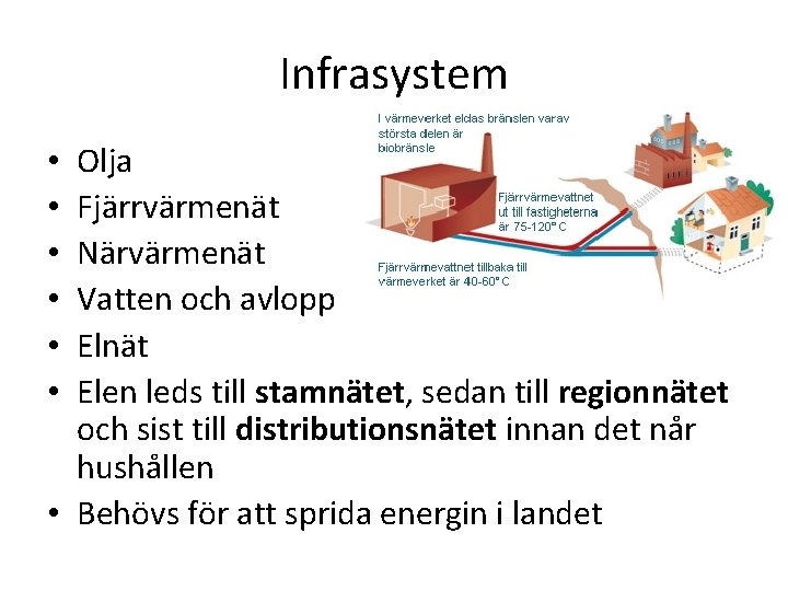 Infrasystem Olja Fjärrvärmenät Närvärmenät Vatten och avlopp Elnät Elen leds till stamnätet, sedan till