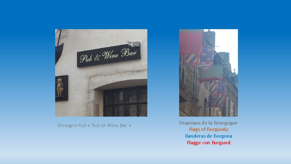 Enseigne Pub « Pub et Wine Bar » Drapeaux de la Bourgogne Flags of