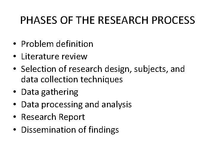 PHASES OF THE RESEARCH PROCESS • Problem definition • Literature review • Selection of