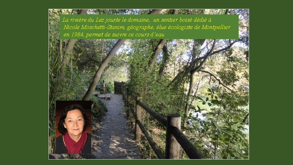 La rivière du Lez jouxte le domaine, un sentier boisé dédié à Nicole Moschetti-Stanim,