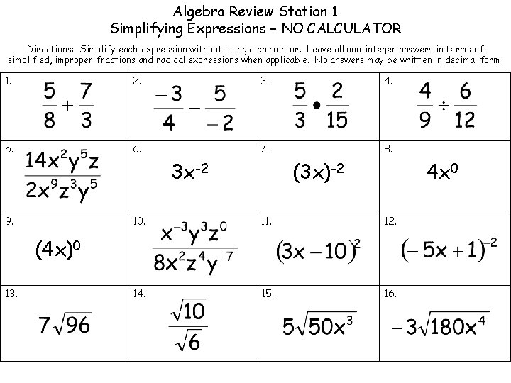 Algebra Review Station 1 Simplifying Expressions – NO CALCULATOR Directions: Simplify each expression without