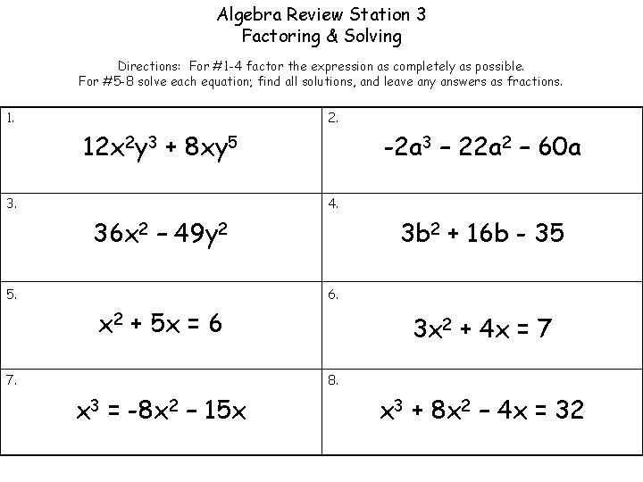 Algebra Review Station 3 Factoring & Solving Directions: For #1 -4 factor the expression