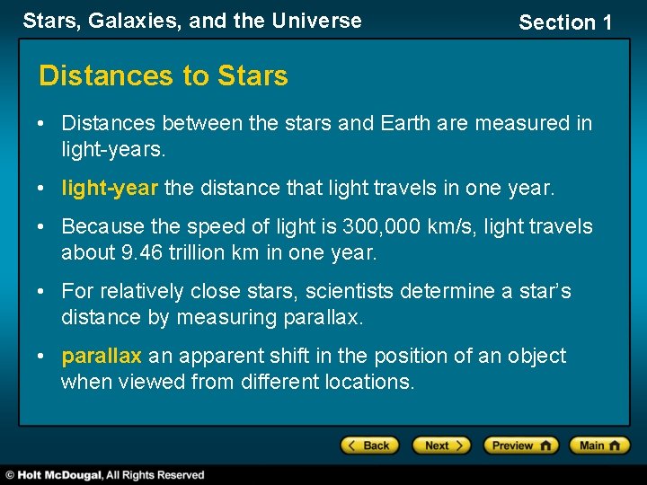 Stars, Galaxies, and the Universe Section 1 Distances to Stars • Distances between the