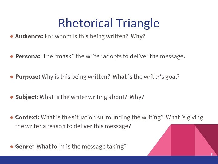 Rhetorical Triangle ● Audience: For whom is this being written? Why? ● Persona: The