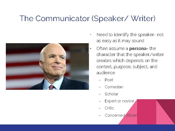 The Communicator (Speaker/ Writer) • Need to identify the speaker- not as easy as