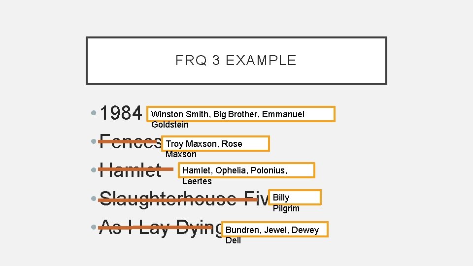 FRQ 3 EXAMPLE • 1984 Winston Smith, Big Brother, Emmanuel Goldstein • Fences Troy