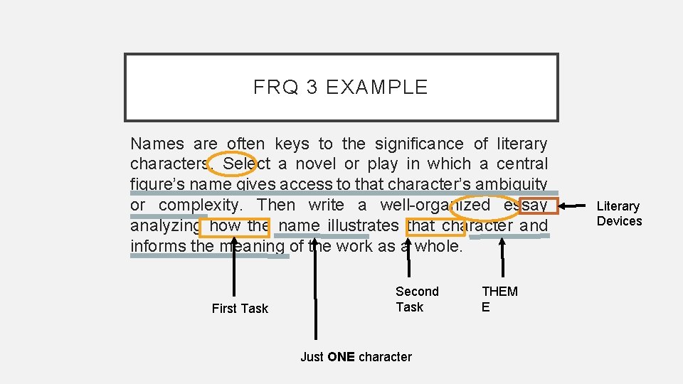 FRQ 3 EXAMPLE Names are often keys to the significance of literary characters. Select