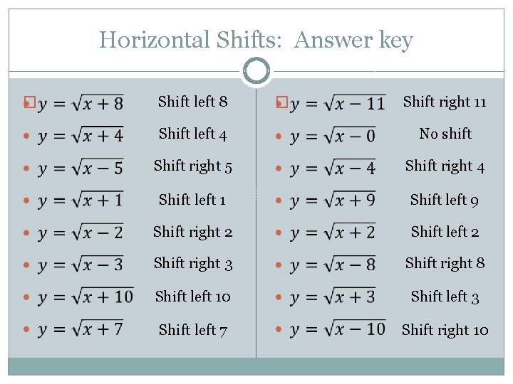 Horizontal Shifts: Answer key � Shift left 8 � Shift right 11 Shift left