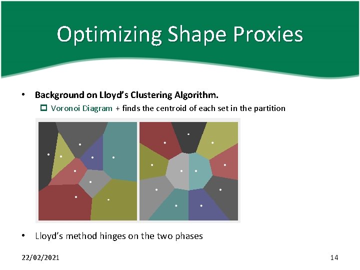 Optimizing Shape Proxies • Background on Lloyd’s Clustering Algorithm. p Voronoi Diagram + finds