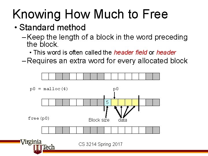 Knowing How Much to Free • Standard method – Keep the length of a