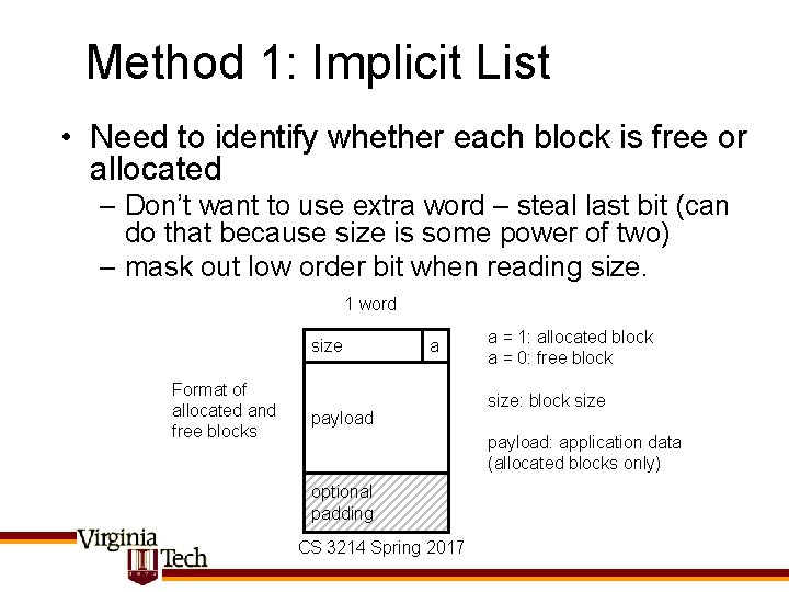 Method 1: Implicit List • Need to identify whether each block is free or