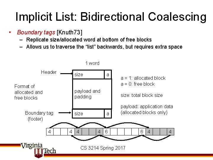 Implicit List: Bidirectional Coalescing • Boundary tags [Knuth 73] – Replicate size/allocated word at