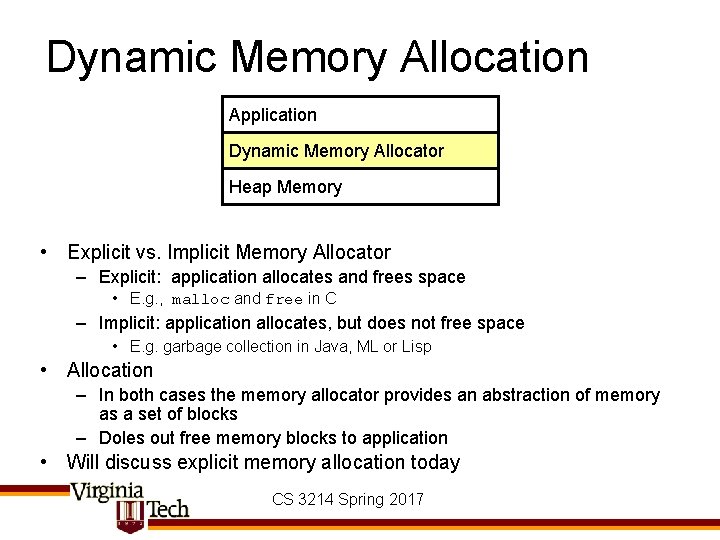 Dynamic Memory Allocation Application Dynamic Memory Allocator Heap Memory • Explicit vs. Implicit Memory