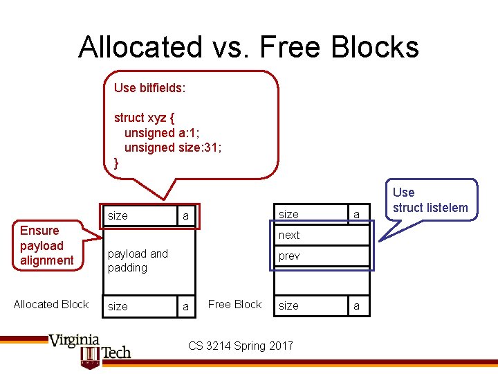 Allocated vs. Free Blocks Use bitfields: struct xyz { unsigned a: 1; unsigned size: