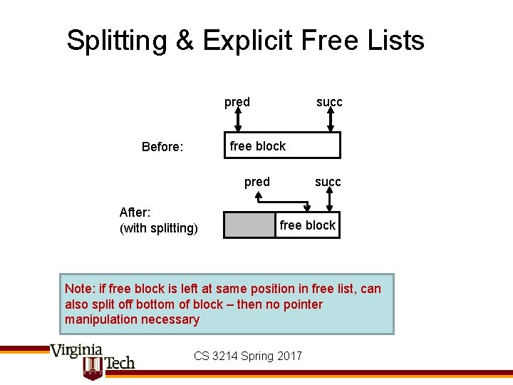 Splitting & Explicit Free Lists pred succ free block Before: pred After: (with splitting)