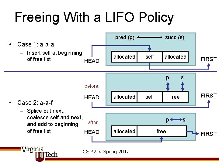 Freeing With a LIFO Policy pred (p) succ (s) • Case 1: a-a-a –