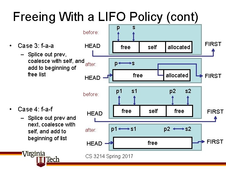 Freeing With a LIFO Policy (cont) before: • Case 3: f-a-a HEAD – Splice
