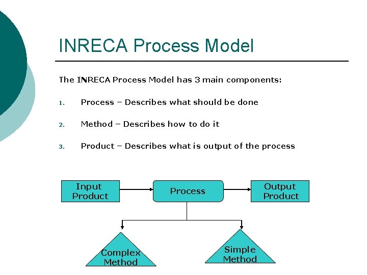 INRECA Process Model The INRECA Process Model has 3 main components: 1. Process –
