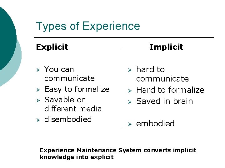 Types of Experience Explicit Ø Ø You can communicate Easy to formalize Savable on