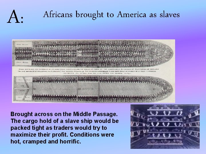 A: Africans brought to America as slaves Brought across on the Middle Passage. The