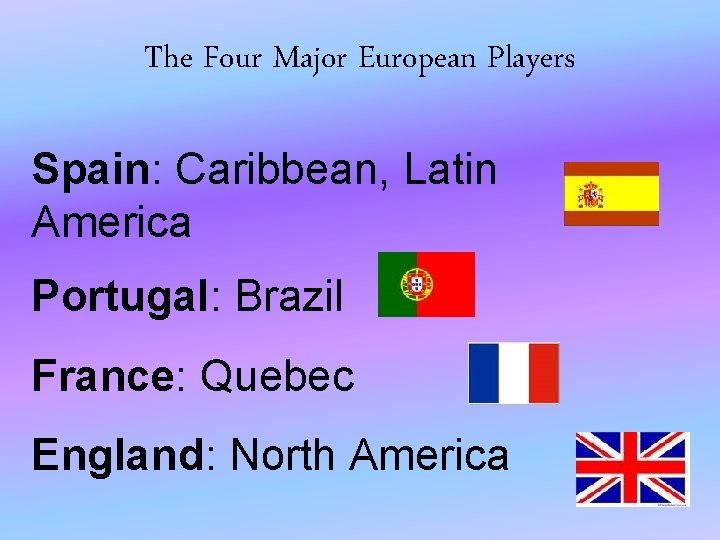 The Four Major European Players Spain: Caribbean, Latin America Portugal: Brazil France: Quebec England: