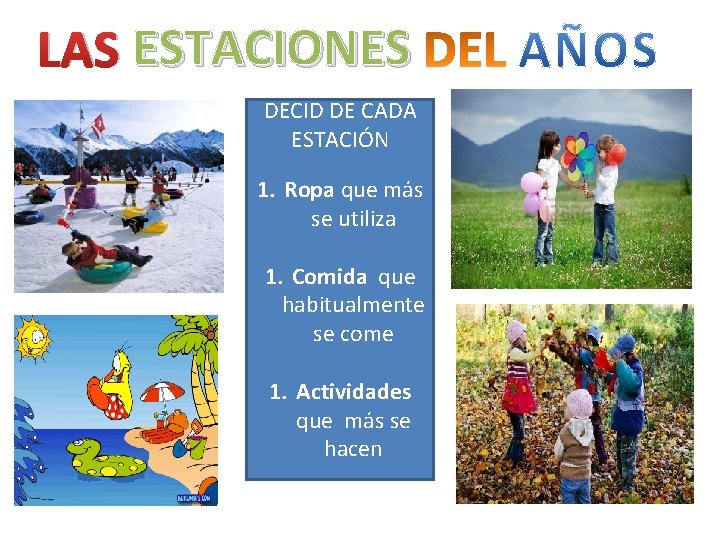 LAS ESTACIONES DECID DE CADA ESTACIÓN 1. Ropa que más se utiliza 1. Comida
