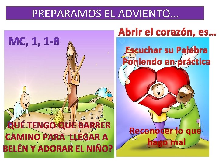 PREPARAMOS EL ADVIENTO… Abrir el corazón, es… Escuchar su Palabra Poniendo en práctica QUÉ