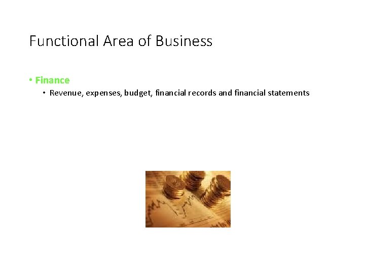 Functional Area of Business • Finance • Revenue, expenses, budget, financial records and financial