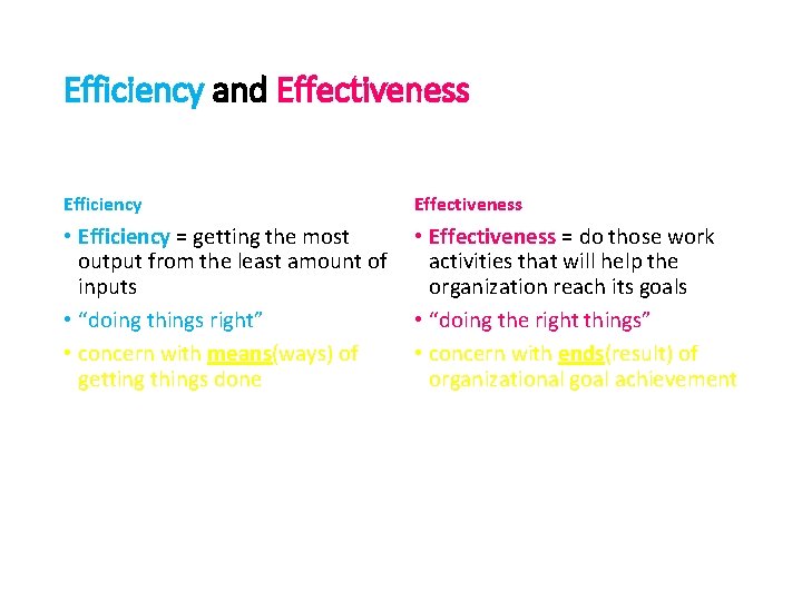 Efficiency and Effectiveness Efficiency Effectiveness • Efficiency = getting the most output from the