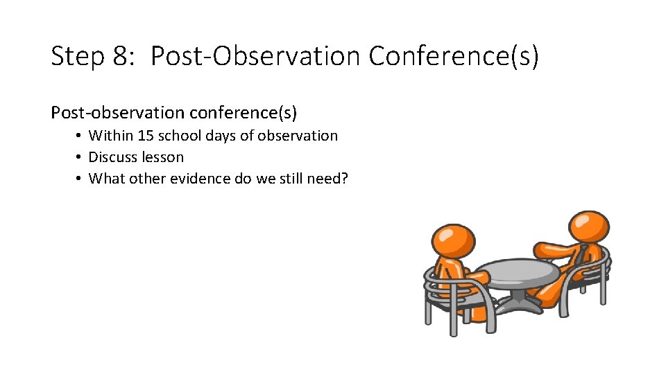 Step 8: Post-Observation Conference(s) Post-observation conference(s) • Within 15 school days of observation • Step 8: Post-Observation Conference(s) Post-observation conference(s) • Within 15 school days of observation •