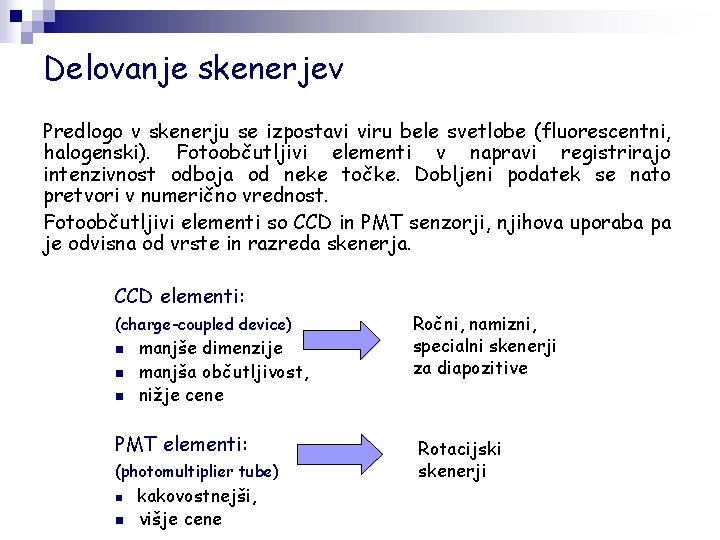 Delovanje skenerjev Predlogo v skenerju se izpostavi viru bele svetlobe (fluorescentni, halogenski). Fotoobčutljivi elementi