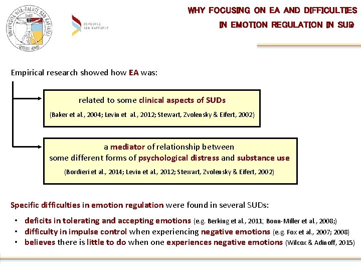 WHY FOCUSING ON EA AND DIFFICULTIES IN EMOTION REGULATION IN SUDS Empirical research showed