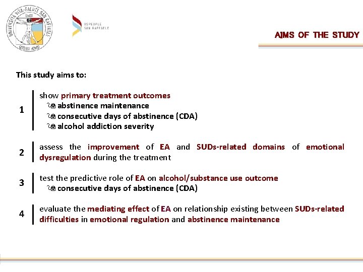 AIMS OF THE STUDY This study aims to: 1 show primary treatment outcomes abstinence