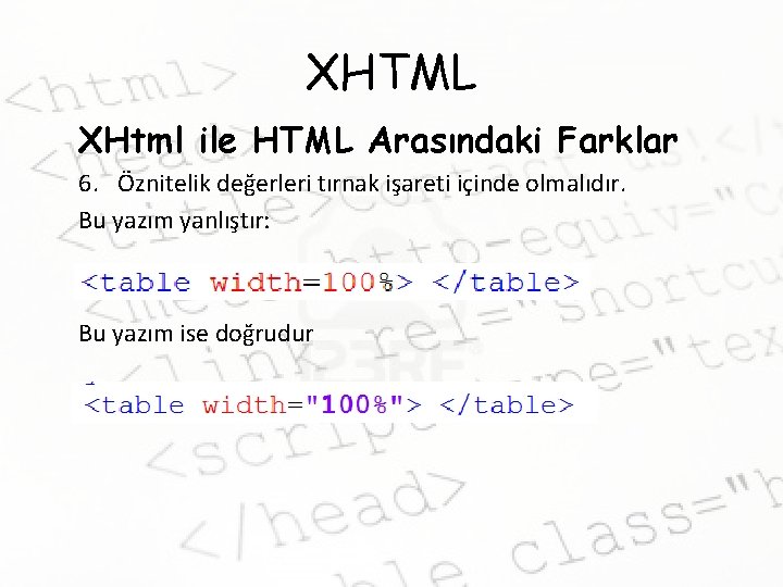 XHTML XHtml ile HTML Arasındaki Farklar 6. Öznitelik değerleri tırnak işareti içinde olmalıdır. Bu