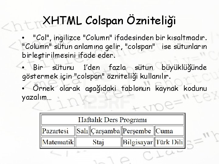 XHTML Colspan Özniteliği • "Col", ingilizce "Column" ifadesinden bir kısaltmadır. "Column" sütun anlamına gelir,