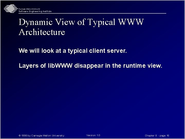 Carnegie Mellon University Software Engineering Institute Dynamic View of Typical WWW Architecture We will