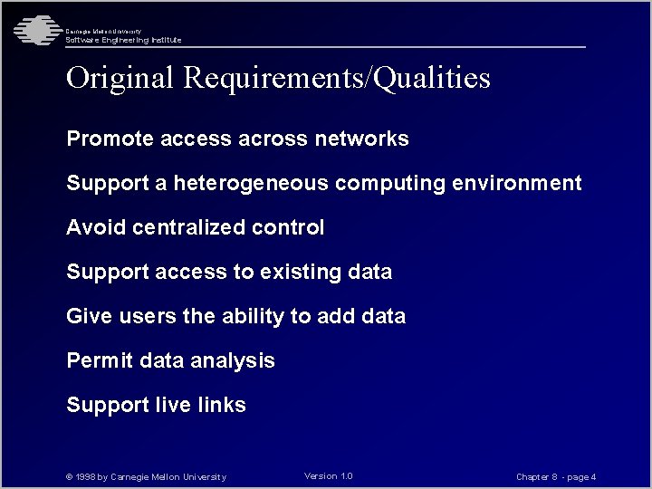 Carnegie Mellon University Software Engineering Institute Original Requirements/Qualities Promote access across networks Support a